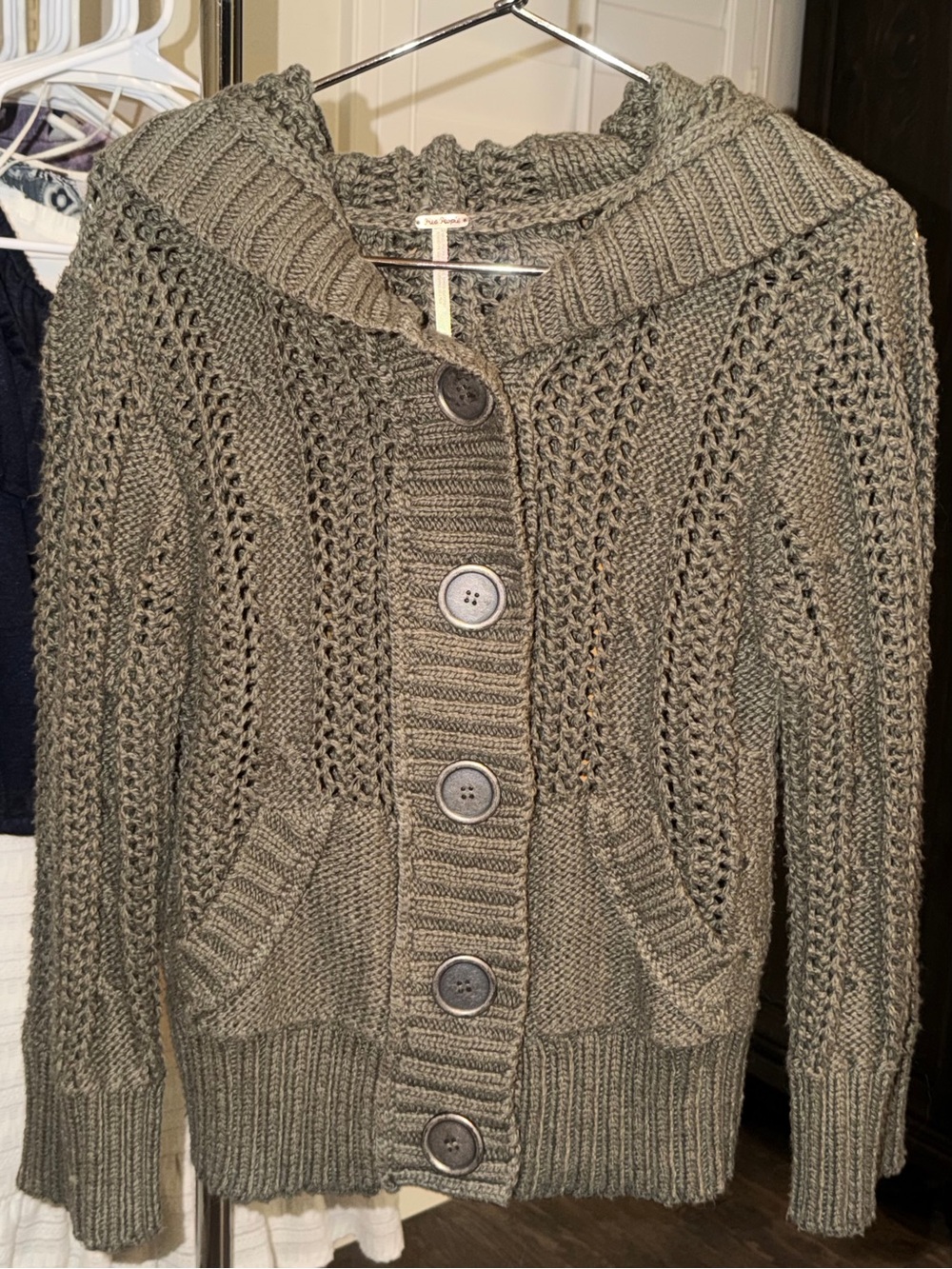 Free People Olive Green Chunky Hooded Button-Front Cardigan